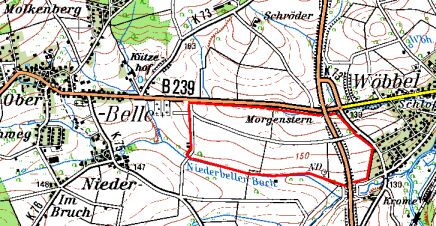 Geplantes interkommunales Gewerbegebiet Horn-Bad Meinberg/Schieder (rote Linie)