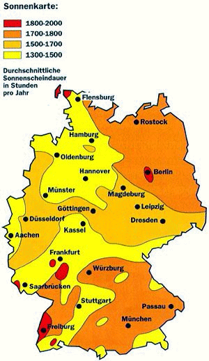 Durchschnittliche Sonnenscheindauer (Stunden/Jahr) in Deutschland